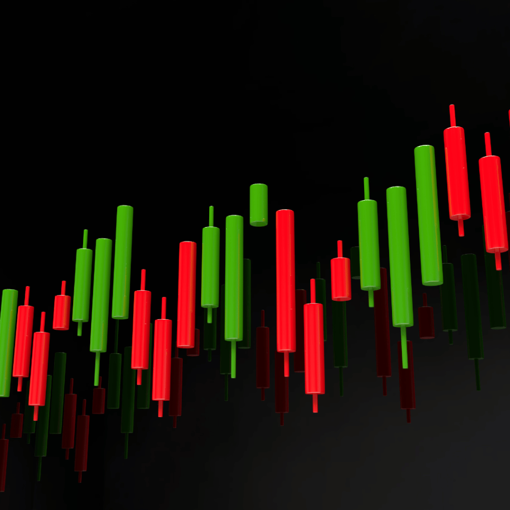 3d rendering of green and red financial candlestick chart on a dark background.