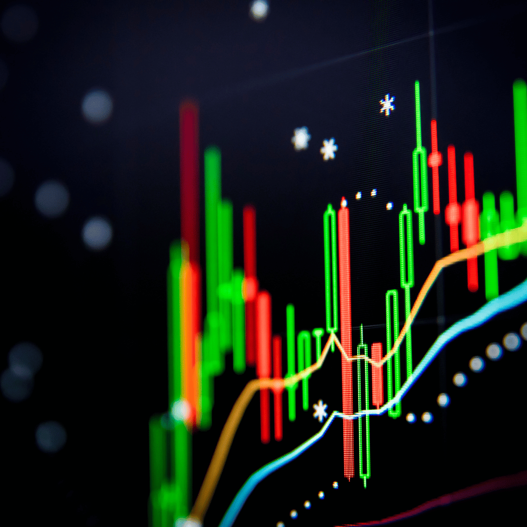 3d rendering of green and red financial candlestick chart on a dark background.