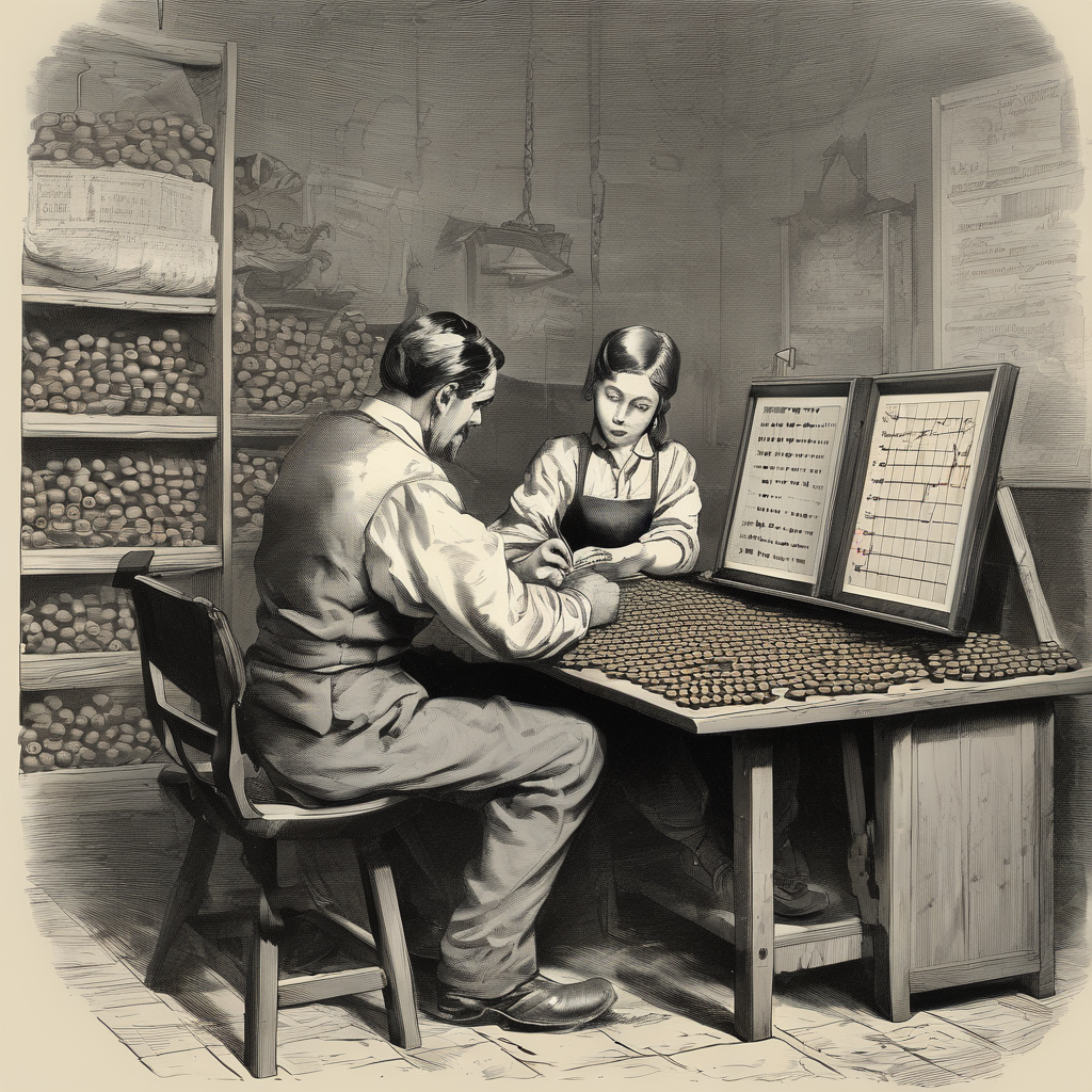 Two individuals examining a large collection of pea plants in a research setting to develop new trading strategies.