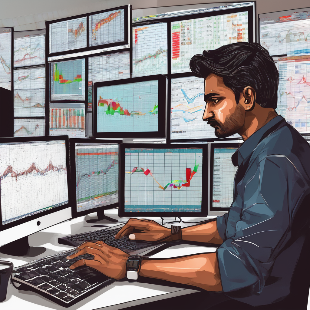 A man analyzing trading strategies and financial data on multiple computer monitors.