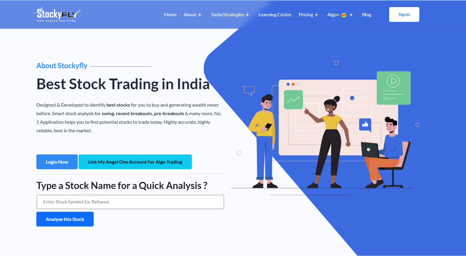 Webpage of "Stockyfly" featuring illustrations of three people using electronic devices and a section prompting for stock analysis.