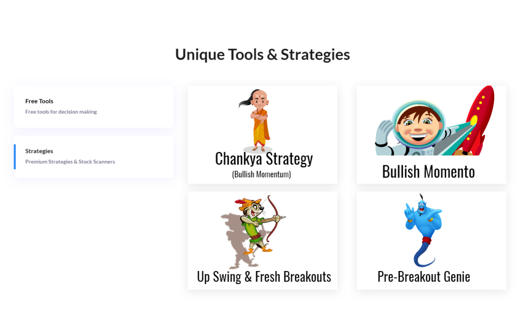 A graphic displaying icons for "unique tools & strategies," featuring illustrations labeled "chankya strategy," "bullish momento," "swing trader & fresh breakouts," and "pre-breakout genie.