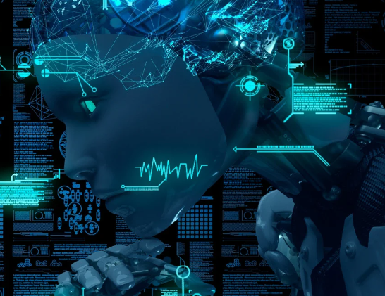 A digital illustration of a humanoid robot at work with a transparent head showcasing an intricate algorithm platform, set against a backdrop of futuristic technology interfaces and data visualizations.